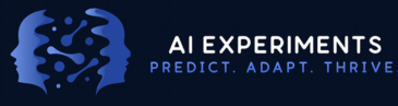 A logo is made of an outline of two stylized faces looking in opposite directions with dots and lines between them and then the text "AI Experiments" with the slogan predict, adapt, thrive on a dark blue background